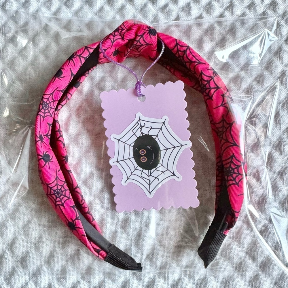 New Halloween Pink & Black Spiders & Webs Fabric Adult Size Knotted Headband - Picture 2 of 7